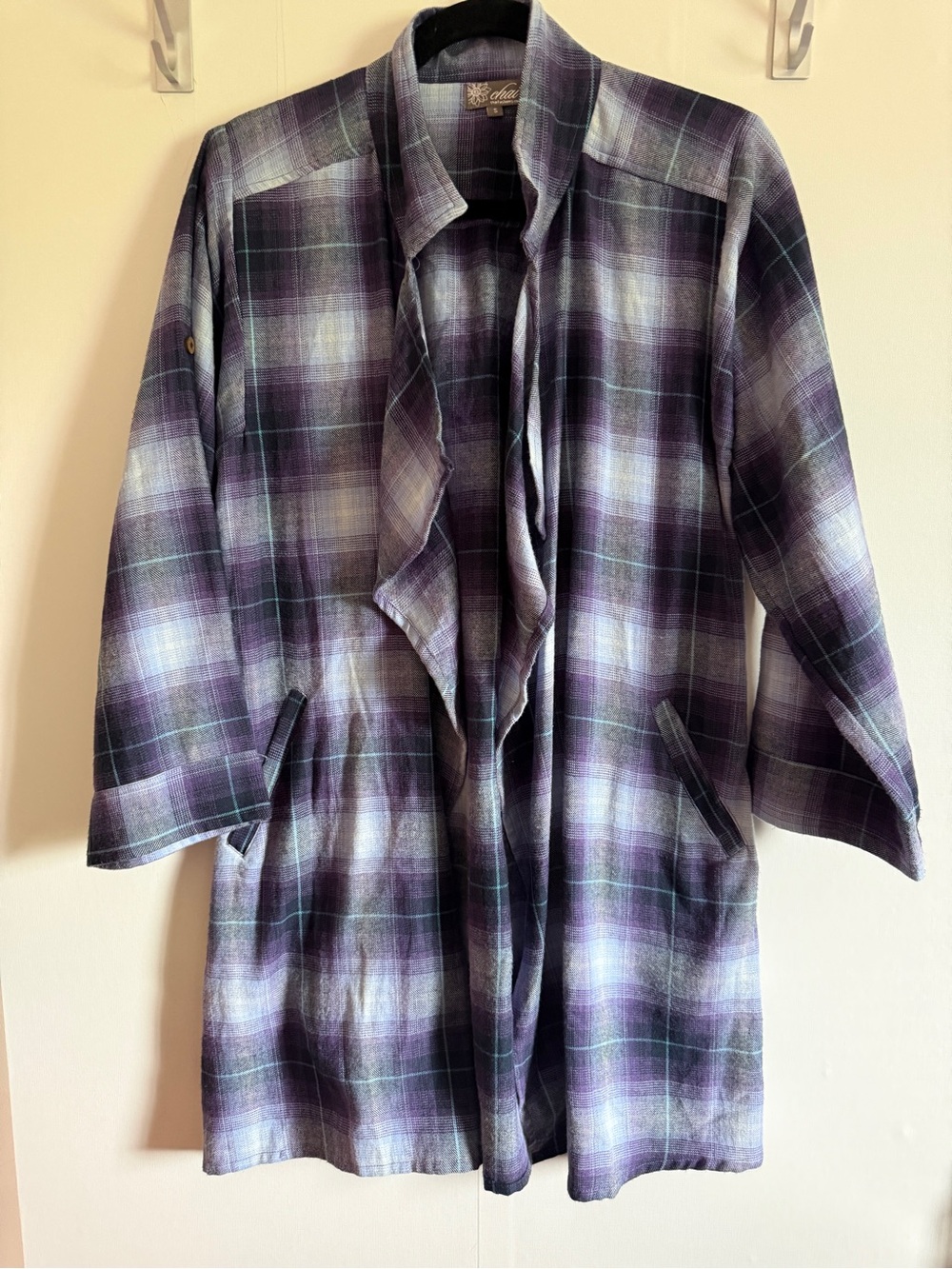 Chai Purple Plaid Open Front Duster Cardigan Jacket Size Small